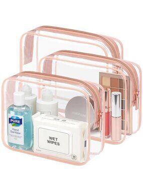 3 Pack TSA Approved Toiletry Bag Clear Makeup Bag for Travel Rose Pink